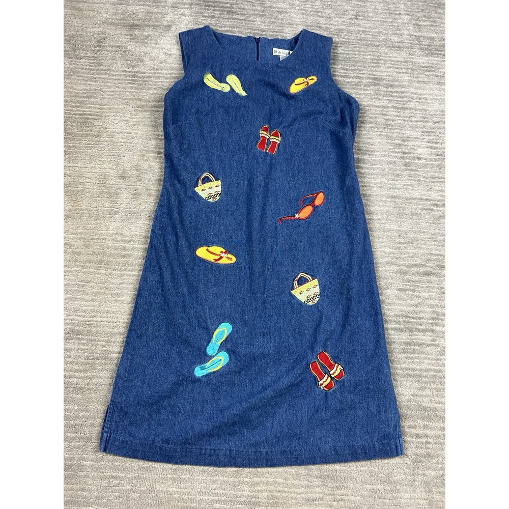 Dressbarn Dress Women 4 Blue Denim Mini Sheath 100% Cotton Flip Flip Embroidered